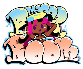 1girl absurdres arms_up artist_name backwards_hat baseball_cap black_hair breasts breasts_out cleavage dark-skinned_female dark_skin earrings english_text graffiti hat highres hoop_earrings huge_breasts jewelry long_hair looking_at_viewer minuspal multicolored_hair no_bra pink_hair purple_eyes purple_lips seductive_gaze signature simple_background solo source_request spray_can spray_paint taggi two-tone_hair underwear upper_body white_background