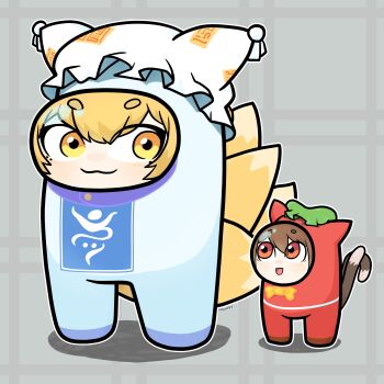 2girls :d absurdres amogus among_us animal_hat blonde_hair blush bow bowtie brown_eyes brown_hair chen chibi closed_mouth commentary cosplay crewmate_(among_us) crewmate_(among_us)_(cosplay) english_commentary fox_tail full_body green_headwear hat highres ickyicky kitsune kyuubi mob_cap multiple_girls multiple_tails open_mouth short_hair smile standing tail thick_eyebrows touhou white_headwear yakumo_ran yellow_bow yellow_bowtie yellow_eyes