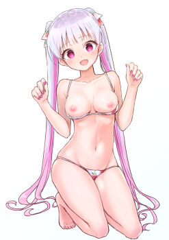 1girl barefoot blush bra bra_pull breasts choppy_bangs clothes_pull collarbone commentary_request fingernails food_print fruit_print full_body grey_hair hair_ribbon hair_spread_out hands_up highres kneeling lin_oekaki linea_alba long_hair looking_at_viewer medium_breasts multicolored_hair nail_polish navel nipples open_mouth original panties pink_eyes pink_hair pink_nails print_bra print_panties print_ribbon ribbon simple_background smile solo stomach straight-on strawberry_bra strawberry_panties strawberry_print string_panties thighhighs toenail_polish toenails underwear underwear_only very_long_hair white_background white_bra