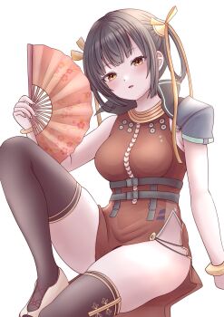 Rule 34 | 1girl, black hair, chinese clothes, hair ornament, hand fan, heaven burns red, highres, kanikure12, li yingxia, short hair, thighhighs