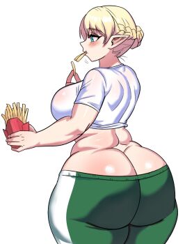 1girl ass ass_focus blonde_hair blue_eyes blush breasts butt_crack cowboy_shot crop_top eating elf-san_wa_yaserarenai. elfuda_(elf-san_wa_yaserarenai.) french_fries hair_bun highres huge_ass large_breasts pants pointy_ears shirt short_hair short_sleeves simple_background solo standing sweatpants white_background white_shirt ytrall