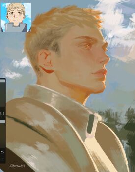 Rule 34 | 1boy, armor, art program in frame, artist name, blonde hair, commentary, dungeon meshi, highres, laios touden, lips, looking ahead, male focus, nose, reference inset, sabertoon artt, short hair, sideburns, solo, very short hair