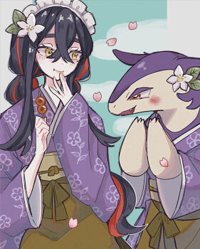 blush braid carmine_(pokemon) crossed_bangs dango eating enekonoshippo27 falling_petals flower food hair_flower hair_ornament hisuian_typhlosion japanese_clothes kimono long_sidelocks mole mole_under_eye multicolored_hair nintendo petals pink_petals pokemon pokemon_legends:_arceus pokemon_sv purple_fur purple_kimono sidelocks twin_braids two-tone_fur two-tone_hair wagashi