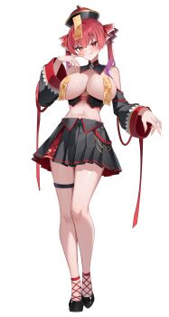 1girl absurdres alternate_costume black_shoes black_skirt blunt_bangs breasts brooch cleavage collarbone corset detached_collar detached_sleeves fishnet_socks fishnets full_body halloween_costume hat heterochromia highres hololive houshou_marine jewelry jiangshi_costume large_breasts legs licking_lips long_sleeves looking_at_viewer medium_hair miniskirt navel ofuda ofuda_on_head ofuda_on_nipples overskirt pasties pleated_skirt qingdai_guanmao red_hair red_ribbon revealing_clothes ribbon shoes shuvi_(shuvi1125) simple_background skirt socks solo standing stomach thigh_strap tongue tongue_out virtual_youtuber white_background wide_sleeves