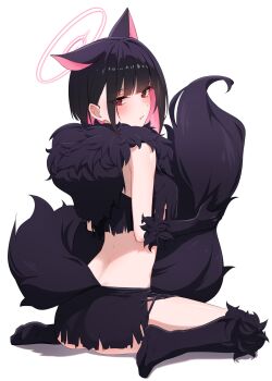 1girl animal_ears ass black_claws black_tail blue_archive cat_ears colored_inner_animal_ears colored_inner_hair exiadoon extra_ears fake_claws from_behind fur-trimmed_gloves fur_sleeves fur_trim gloves halloween_costume halo highres kazusa_(blue_archive) kazusa_(halloween)_(blue_archive) multicolored_hair pink_halo solo werewolf_costume