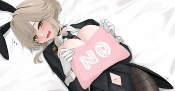 1girl ade_(agent_bunny)_(nikke) ade_(nikke) animal_ear_hairband animal_ears bed bed_sheet between_breasts blonde_hair blush breasts charlote_fee choker cleavage clothing_cutout embarrassed fake_animal_ears fishnets from_above gloves goddess_of_victory:_nikke green_eyes hair_bun hairband hands_up head_tilt highleg highleg_leotard highres holding large_breasts leotard looking_to_the_side lying navel navel_cutout necktie necktie_between_breasts on_back open_clothes open_mouth pantyhose pillow playboy_bunny rabbit_ear_hairband rabbit_ears sidelocks solo yes-no_pillow