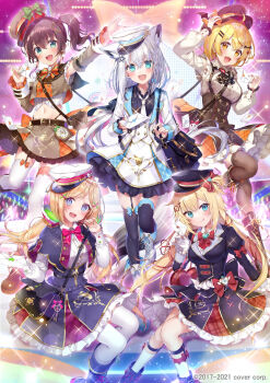 Rule 34 | 1st generation (hololive), 5girls, akai haato, aki rosenthal, animal ears, aqua eyes, bag, black boots, black dress, black hat, black jacket, black skirt, blonde hair, blue eyes, blush, boots, breasts, brown hair, brown hat, brown skirt, classic lolita, commentary request, corset, detached sleeves, dress, fangs, fox ears, fox girl, handbag, hat, head tilt, high-waist skirt, highres, hololive, hololive 1st generation anniversary outfit, jacket, lolita fashion, long hair, looking at viewer, medium breasts, multiple girls, natsuiro matsuri, naturally detached hair, necktie, official alternate costume, official art, open hand, open mouth, platform boots, sakura shiori, shirakami fubuki, shirt tucked in, short hair, side ponytail, sitting, skin fangs, skirt, small breasts, smile, thighhighs, twintails, vampire, very long hair, virtual youtuber, white dress, white hair, white hat, white necktie, yozora mel