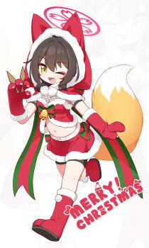 1girl ;d absurdres alternate_costume animal_ear_hood animal_ears blue_archive boots breasts brown_hair commentary fake_animal_ears fang fishnet_top fishnets fox_ears fox_girl fox_tail full_body fur-trimmed_gloves fur-trimmed_hood fur-trimmed_skirt fur_trim gloves halo hand_up hashtag-only_commentary highres hood izuna_(blue_archive) looking_at_viewer medium_breasts merry_christmas midriff navel needle_(574187457) one_eye_closed open_mouth pink_halo red_boots red_gloves red_skirt short_hair skirt smile solo symbol-only_commentary tail walking yellow_eyes zoom_layer