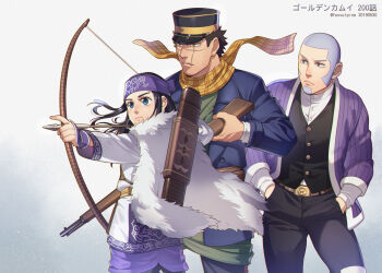 Rule 34 | 1girl, 2boys, arrow (projectile), asirpa, black hair, black vest, blue eyes, blue jacket, bow (weapon), buzz cut, cape, closed mouth, commentary request, drawing bow, facial hair, foxvulpine, fur cape, goatee, golden kamuy, grey hair, gun, headband, holding, holding bow (weapon), holding gun, holding weapon, jacket, long hair, mature male, multiple boys, purple headband, rifle, scar, scar on face, scarf, shiraishi yoshitake, short hair, sugimoto saichi, very short hair, vest, weapon, yellow scarf