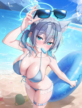 1girl absurdres alternate_breast_size_(larger) animal_ear_fluff animal_ears arm_up armpits bare_arms bare_shoulders beach bikini blue_archive blue_bikini blue_eyes blue_hair blue_nails breasts cleavage collarbone commentary day extra_ears food food_in_mouth frilled_bikini frills front-tie_bikini_top front-tie_top grey_hair halterneck highres innertube large_breasts long_hair looking_at_viewer mismatched_pupils mouth_hold multicolored_hair nail_polish navel o-ring o-ring_thigh_strap outdoors ponytail popsicle popsicle_in_mouth rable shiroko_(blue_archive) sidelocks skindentation solo stomach string_bikini swim_ring swimsuit thigh_strap thighs two-tone_hair wet wolf_ears