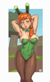 1girl absurdres alex_(minecraft) alternate_costume animal_ears armpits arms_behind_head arms_up block_(minecraft) bow bowtie breasts brown_pantyhose cleavage cube_hair_ornament detached_collar fake_animal_ears feet_out_of_frame fishnet_pantyhose fishnets full_body green_bow green_bowtie green_leotard hair_ornament half-closed_eyes highleg highleg_leotard highres large_breasts leotard lipstick long_hair looking_at_viewer low_ponytail makeup minecraft orange_hair outdoors pantyhose playboy_bunny ponytail rabbit_ears rectangular_eyes red_lips riz side-tie_leotard solo square_eyes square_head square_pupils standing strapless strapless_leotard thick_lips tree