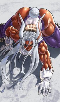 1girl 737_kin absurdres animal_ears ass bare_shoulders boku_no_hero_academia clothing_cutout commentary dark-skinned_female dark_skin dynamic_pose english_commentary floating_hair fur_collar gloves grin heattech_leotard highleg highleg_leotard highres jumping leotard logo long_eyelashes long_hair looking_at_viewer midair mirko muscular muscular_female parted_bangs purple_thighhighs rabbit_ears rabbit_girl rabbit_tail red_eyes shiny_skin signature simple_background sleeveless sleeveless_turtleneck smile solo tail tail_through_clothes taut_leotard thick_thighs thighhighs thighs top-down_bottom-up turtleneck white_gloves white_hair white_leotard