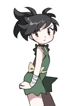 Rule 34 | 1girl, black hair, brown eyes, closed mouth, commentary request, cowboy shot, dororo (character), dororo (tezuka), japanese clothes, looking at viewer, ponytail, reverse trap, short hair, simple background, solo, standing, tanba (tanba-art), torn clothes, torn sleeves, white background