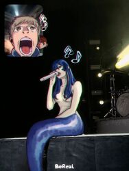 Rule 34 | 1girl, 2boys, blue hair, chilchuck tims, commentary, crossed legs, drum, drum set, dungeon meshi, fan screaming at madison beer (meme), holding, holding microphone, instrument, laios touden, liggi, long hair, meme, mermaid, microphone, monster girl, multiple boys, music, nude, open mouth, photo background, screaming, singing, sitting