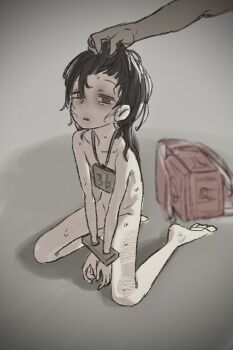 1boy 1girl backpack bad_id bad_twitter_id bag barefoot bdsm black_hair bondage bound bruise completely_nude disembodied_hand empty_eyes flat_chest footprints full_body grabbing_another's_hair grey_background handcuffed highres holding_another's_hair inactive_account injury kneeling loli long_hair nude original parted_lips randoseru red_bag ryona sabuakadeath sign sign_around_neck simple_background slave slave_auction solo_focus sweat unworn_backpack unworn_bag
