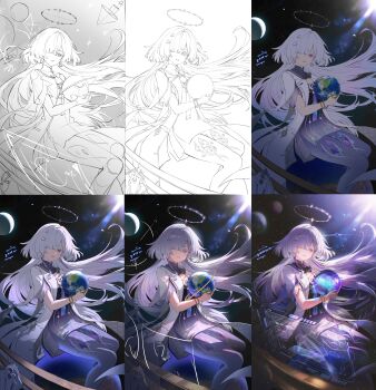 1girl absurdres colored_eyelashes commentary_request dress earrings grey_hair hair_ornament hair_over_one_eye halo highres holding holographic_interface isobe47 jacket jewelry korean_commentary long_hair looking_at_viewer making-of mornye_(wuthering_waves) purple_dress red_eyes see-through_body sitting sky solo space star_(sky) starry_sky triangle_earrings very_long_hair white_jacket wuthering_waves