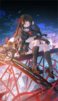 1girl absurdres arm_cutout black_choker black_hair black_jacket black_serafuku black_shirt black_skirt black_socks blunt_bangs breasts brown_shoes bug butterfly chinese_commentary chisa_(wuthering_waves) choker city clothing_cutout commentary_request crop_top hair_ribbon heiyizhushenxia highres insect jacket large_breasts loafers long_hair long_sleeves looking_at_viewer mole mole_under_eye neckerchief night night_sky open_mouth outdoors partial_commentary purple_sky red_butterfly red_eyes red_neckerchief red_ribbon ribbon sailor_collar school_uniform serafuku shirt shoes sitting skirt sky smile socks solo sword tacet_mark_(wuthering_waves) thigh_strap thighs underboob weapon white_sailor_collar wuthering_waves