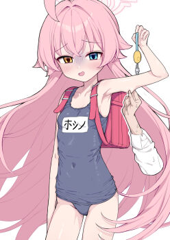 1girl 1other ahoge arm_up armpits backpack bag bare_arms bare_shoulders blue_archive blue_eyes blue_one-piece_swimsuit blush breasts collarbone covered_navel cowboy_shot crime_prevention_buzzer crossed_bangs disembodied_hand fang gloom_(expression) groin hair_between_eyes halo heterochromia holding hoshino_(blue_archive) loli long_hair looking_at_viewer metaljelly name_tag old_school_swimsuit one-piece_swimsuit open_mouth pink_hair pink_halo randoseru red_bag school_swimsuit shaded_face simple_background small_breasts smile solo_focus sweat swimsuit turn_pale very_long_hair white_background yellow_eyes