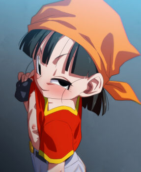 1girl bandana blunt_bangs blush dragon_ball dragon_ball_gt fingerless_gloves flashing flat_chest from_above gloves gradient_background loli looking_at_viewer nipples pan_(dragon_ball) rom_(20) simple_background smile solo tagme tomboy underwear