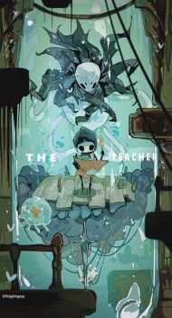 1boy 1girl absurdres artist_name cable chromatic_aberration commentary english_commentary english_text film_grain full_body grey_cloak halftone halftone_background highres hightguy holding holding_map holding_quill hollow_knight indoors jellyfish map monomon_(hollow_knight) nail_(hollow_knight) needle_(hollow_knight) plank quill quirrel railing simple_background standing stasis_tank teacher's_archives tentacles uoma_(hollow_knight) weapon white_mask