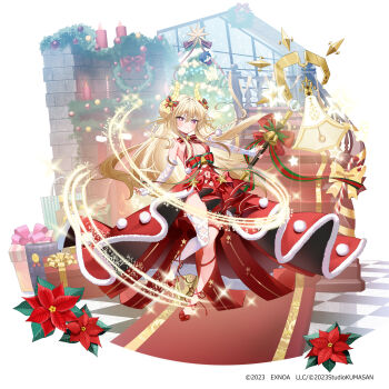 1girl absurdres bell blonde_hair bow box candle christmas_ornaments christmas_tree christmas_wreath claudia_(twinkle_star_knights) closed_mouth commentary_request copyright_notice detached_sleeves dress flower fur-trimmed_dress fur_trim gift gift_box highres holding horn_bell horn_bow horn_ornament horns long_hair navel piyopoyo pom_pom_(clothes) purple_eyes red_bow red_dress red_flower red_shoes shoes showgirl_skirt single_thighhigh solo stairs star_(symbol) thighhighs twinkle_star_knights white_sleeves white_thighhighs wreath yellow_horns