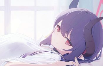 1girl alternate_costume black_hair blue_archive breasts chiaki_(blue_archive) collared_shirt commentary_request demon_horns hair_between_eyes halo hand_in_own_hair highres horns looking_at_viewer lying medium_breasts pointy_ears red_eyes red_halo s_panda_k shirt sidelocks solo white_shirt window