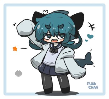 +++ 1girl :d arm_up black_bow black_sailor_collar black_shoes black_skirt blue_border blue_eyes blue_hair blush border bow character_name chibi commentary_request fins fish_tail fuka-chan full_body grey_jacket grey_pantyhose hair_between_eyes heart heart-shaped_pupils highres hood hood_down hooded_jacket jacket long_sleeves looking_at_viewer open_clothes open_jacket open_mouth original pantyhose pleated_skirt puffy_long_sleeves puffy_sleeves sailor_collar shadow shark_tail sharp_teeth shoes short_eyebrows skirt sleeves_past_fingers sleeves_past_wrists smile solo standing star_(symbol) symbol-shaped_pupils tail teeth thick_eyebrows uni_souchou v-shaped_eyebrows white_background