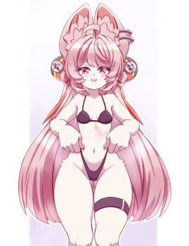 1girl absurdres animal_ear_fluff animal_ears bikini bikini_bottom_pull black_bikini breasts buck_teeth commentary cropped_legs english_commentary furry furry_female hair_ornament highres long_hair looking_at_viewer navel open_mouth pink_eyes pink_hair pulling_own_clothes small_breasts smile solo standing swimsuit takkikun teeth very_long_hair white_fur zenless_zone_zero zhao_(zenless_zone_zero)