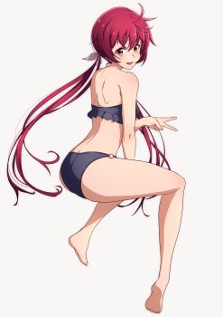 1girl absurdres ass bare_shoulders bikini black_bikini commentary_request commission frilled_bikini frills from_behind full_body highres invisible_chair joukamachi_no_dandelion long_hair looking_at_viewer low_twintails nishizuki_shino red_eyes red_hair sakurada_akane simple_background sitting solo swimsuit twintails white_background