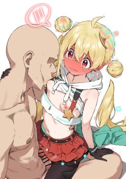 1boy 1girl absurdres ahoge asen asymmetrical_legwear bird black_gloves black_thighhighs blonde_hair blush breast_sucking breasts clothed_female_nude_male crow detached_hair detached_hood earrings embarrassed facial_mark full-face_blush gloves hair_between_eyes hand_on_another's_waist highres jewelry layered_skirt long_hair mismatched_legwear navel nervous nipples nude penis red_eyes red_skirt reject_(esports) shirt sitting sitting_on_person skirt small_breasts star-shaped_pupils star_(symbol) symbol-shaped_pupils textless_version thighhighs thighs tooko_(vtuber) very_long_hair virtual_youtuber waist white_background white_shirt