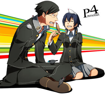 1boy 1girl alternate_hair_color animal animal_on_head atlus bad_id bad_pixiv_id bird bird_on_head black_hair blue_hair blush choumoku_(toriko_b_c) closed_eyes couple earrings glasses grin hetero indian_style java_sparrow jewelry on_head persona persona_4 persona_4_the_golden school_uniform shirogane_naoto short_hair sitting skirt smile spoilers tatsumi_kanji unmoving_pattern white_java_sparrow