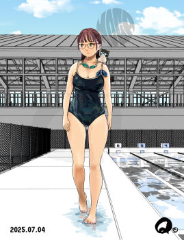 1girl animal animal_on_shoulder barefoot black_one-piece_swimsuit breasts brown_hair cat cat_on_shoulder dated day glasses goggles goggles_around_neck jimiko medium_breasts one-piece_swimsuit original outdoors pool poolside q98780409 school_swimsuit solo swim_goggles swimsuit walking
