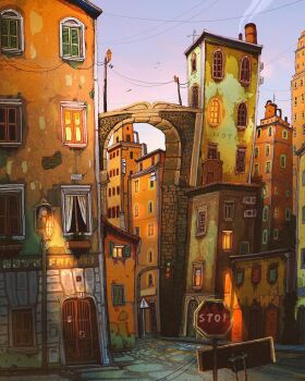 architecture bird bridge building chimney day francisco_fonseca gate highres lamppost original power_lines road road_sign sign stop_sign street traffic_light urban window