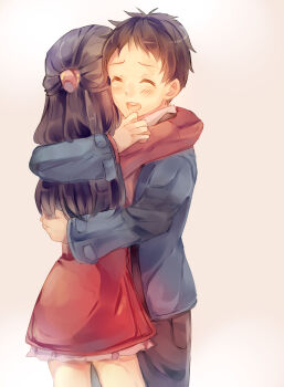 Rule 34 | 1boy, 1girl, black hair, blue jacket, blush, closed eyes, dawn (pokemon), gradient background, highres, hug, jacket, lia (retiredstarmiya), lucas (pokemon), nintendo, pokemon, pokemon dppt, pokemon platinum, smile, teeth, upper teeth only