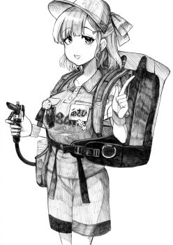 1girl absurdres alternate_costume asahi_(kancolle) backpack bag beverage_dispenser cowboy_shot hat highres hose index_finger_raised kantai_collection looking_at_viewer monochrome nozzle polo_shirt short_hair shorts smile solo tsuji_kazuho wristband