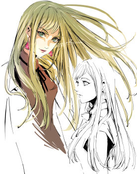 Rule 34 | 1girl, aosuna, blonde hair, blue eyes, commentary request, dress, earrings, gigi andalusia, gundam, gundam hathaway's flash, highres, jewelry, long hair, looking at viewer, multiple views, partially colored, simple background, smile, solo focus, triangle earrings, white background