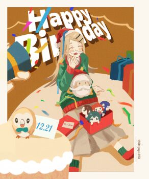 Rule 34 | 1girl, arm support, blonde hair, blush, border, box, brown skirt, character doll, chibigurumi, christmas sweater, closed eyes, collared shirt, colored eyelashes, commentary request, confetti, doll, earrings, facing viewer, fake facial hair, fake mustache, flipped hair, full body, gakuen idolmaster, gift, gift box, green sweater, hair ornament, hairclip, hanami ume, hand to own mouth, happy birthday, hat, hataya misuzu, highres, idolmaster, jewelry, kuramoto china, long hair, long skirt, long sleeves, open mouth, outside border, parallel hairclips, party popper, rakugakipurin, red socks, santa hat, shinosawa hiro, shirt, sitting, skirt, socks, solo, stud earrings, stuffed owl, sweater, swept bangs, tsukimura temari, twitter username, white border, white shirt