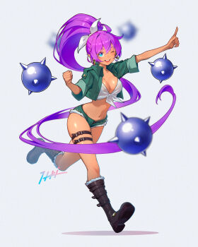 Rule 34 | 1girl, absurdres, blue eyes, boots, breasts, cleavage, commentary, cropped jacket, dark-skinned female, dark skin, earrings, full body, hair tie, high ponytail, highres, hoop earrings, itou kazuki, jacket, jewelry, large breasts, long hair, looking at viewer, navel, official alternate costume, one eye closed, open clothes, open jacket, open mouth, pointing, pointy ears, ponytail, purple hair, relic hunter shantae, shantae, shantae (relic hunter), shantae (series), shantae advance: risky revolution, shirt, short shorts, shorts, signature, simple background, skindentation, smile, solo, spike ball, teeth, thigh strap, tied shirt, upper teeth only, very long hair