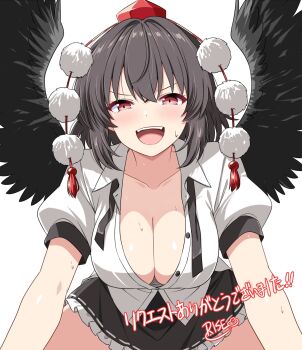 1girl bird_wings black_skirt black_wings blush breasts cleavage collared_shirt commentary_request feathered_wings frilled_skirt frills hat highres large_breasts looking_at_viewer open_mouth puffy_short_sleeves puffy_sleeves red_eyes red_hat ribbon-trimmed_skirt ribbon_trim rise_(rise19851203) shameimaru_aya shirt short_hair short_sleeves signature skirt smile solo sweat tokin_hat touhou translation_request white_background white_shirt wings