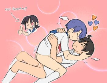 >_< 1boy 2girls amakazari_eri arrow_(symbol) ass azuredairy black_hair blue_hair blue_sailor_collar blush city_(arawi_keiichi) closed_eyes closed_mouth collared_shirt cowgirl_position cum cum_in_pussy english_text heart hetero makabe_matsuri makabe_tatewaku motion_lines multiple_girls neckerchief noses_touching outline penis pink_eyes red_neckerchief sailor_collar serafuku sex shirt short_hair smile socks straddling teeth thumbs_up white_outline white_serafuku white_shirt white_socks