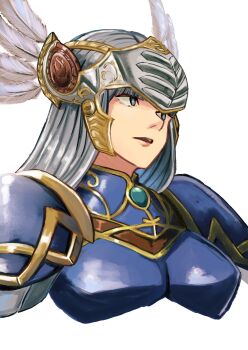 1girl armor blue_armor blue_eyes breastplate breasts feathered_helmet from_below gem gorget green_gem grey_hair helmet highres large_breasts lenneth_valkyrie lipstick long_hair looking_to_the_side makeup shoulder_armor simple_background tikuwabu_33 upper_body valkyrie valkyrie_profile_(series) valkyrie_profile_1 white_background white_hair