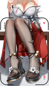 1girl ankle_bell ankle_strap anklet bench black_pantyhose breasts cleavage commentary_request feet flower foot_focus from_below hakama hakama_skirt head_out_of_frame high_heels highres hiyuki_(wuthering_waves) japanese_clothes jewelry kimono large_breasts legs long_hair nail_polish necklace off_shoulder on_bench paid_reward_available pantyhose partial_commentary red_hakama red_nails sitting skirt smell solo toe_seam toenail_polish toenails toes viewfinder wd_(1106592840) white_flower white_hair white_kimono wooden_bench wuthering_waves