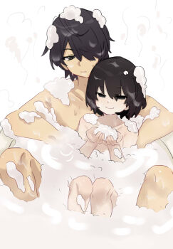 1boy 1girl :/ absurdres ahoge araragi_koyomi bathtub between_legs black_eyes black_hair bob_cut chinese_commentary closed_mouth collarbone commentary completely_nude convenient_censoring elbow_rest empty_eyes front-to-back hair_between_eyes hair_over_one_eye highres holding_soap in_bathtub knees_up light_smile looking_at_another looking_down monogatari_(series) narrowed_eyes nude oshino_ougi own_hands_together pale_skin shared_bathing short_hair size_difference smile soap_bubbles soap_censor steam tsugumi_(tgm_615486) white_background