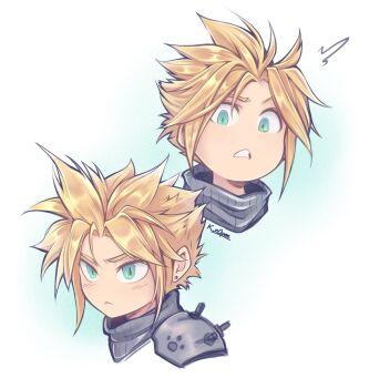 1boy armor blonde_hair blue_eyes chibi chibi_only closed_mouth cloud_strife commentary cropped_torso earrings english_commentary final_fantasy final_fantasy_vii final_fantasy_vii_remake gradient_background highres jewelry k_n0pee male_focus multiple_views parted_lips portrait ribbed_sweater short_hair shoulder_armor spiked_hair stud_earrings sweater turtleneck turtleneck_sweater twitter_username