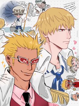 5boys aged_down anger_vein angry black_hair black_necktie blonde_hair blue_neckerchief blush brothers bucket chibi coat coat_on_shoulders collared_shirt donquixote_doflamingo donquixote_rocinante earrings eggburnt english_text epaulettes grin hat heart highres holding holding_bucket holding_mop hug jewelry marine_(one_piece) mop multiple_boys neckerchief necktie one_piece open_mouth pink_shirt red_eyes red_vest shirt short_hair siblings small_sweatdrop smile sunglasses trafalgar_law vest white_coat white_hat white_shirt yellow_eyes