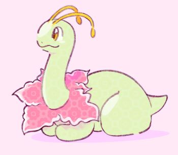 antennae closed_mouth flower full_body gen_2_pokemon highres long_neck luzzychuus meganium nintendo no_humans pink_background pokemon pokemon_(creature) pokemon_focus simple_background smile solo tail yellow_eyes