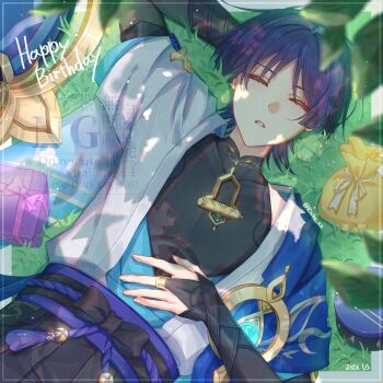 1boy anemo_symbol_(genshin_impact) arm_behind_head armor belt black_belt black_bodysuit black_bow black_bridal_gauntlets black_shorts blue_gem blue_hat blue_kimono blue_sleeves blunt_ends blurry bodysuit bow box bridal_gauntlets choppy_bangs closed_eyes clothing_cutout covered_collarbone dated depth_of_field dutch_angle eyelashes eyeliner facing_viewer gem genshin_impact gift gift_box glowing_gem gold gold_ring hakama hakama_shorts hand_on_own_stomach happy_birthday hat highres hip_vent japanese_armor japanese_clothes jingasa juban kimono kote kurokote layered_sleeves leaf lying makeup male_focus mandarin_collar middle_ring on_back on_grass open_clothes open_hand open_kimono open_mouth pleated_shorts pouch purple_rope purple_sash red_eyeliner ribbon rinbo_7140 rope sash scaramouche_(genshin_impact) short_sleeves shorts shoulder_peek solo tassel twitter_username unworn_hat unworn_headwear wanderer_(genshin_impact) white_kimono white_mouth white_ribbon white_sleeves