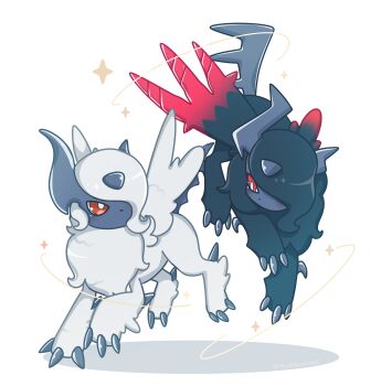 absol absurdres animal_focus asymmetrical_horns black_fur black_hair black_wings blue_horns body_fur bright_pupils claws commentary english_commentary feathered_wings full_body gen_3_pokemon hair_over_one_eye highres hitsukikurohebi horns mega_absol mega_absol_z mega_pokemon nintendo no_humans one_eye_covered pokemon pokemon_(creature) pokemon_focus red_eyes red_fur spoilers star_(symbol) tail uneven_horns white_background white_fur white_hair white_pupils white_wings wings