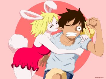 1boy 1girl :3 absurdres alternate_costume annoyed biting black_eyes black_hair blonde_hair carrot_(one_piece) couple dress biting_ear furry furry_female hat highres mink monkey_d._luffy one_piece rabbit_ears rabbit_girl rabbit_tail red_dress scar straw_hat walking