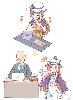 +++ 1boy 1girl :d ^_^ akikawa_yayoi_(umamusume) animal animal_on_head apron arrow_(symbol) blue_jacket blue_necktie bowl brown_apron brown_hair carrot_hamburger_steak cat closed_eyes closed_mouth collared_shirt commentary_request computer cropped_jacket cutting_board desk dress fang flying_sweatdrops folding_fan hair_ribbon hair_up hand_fan hat highres holding holding_fan jacket knife laptop long_hair low_ponytail multicolored_hair necktie on_head open_mouth plate ponytail rakugakiraid ribbon shirt signature simple_background smile sparkle streaked_hair t-head_trainer_(umamusume) trainer_(umamusume) translation_request umamusume very_long_hair white_background white_dress white_hair white_hat white_ribbon white_shirt